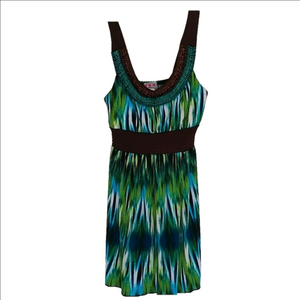 Three Pink Hearts Beaded Egyptian Skater Tank Green Brown Stretch Dress Size M